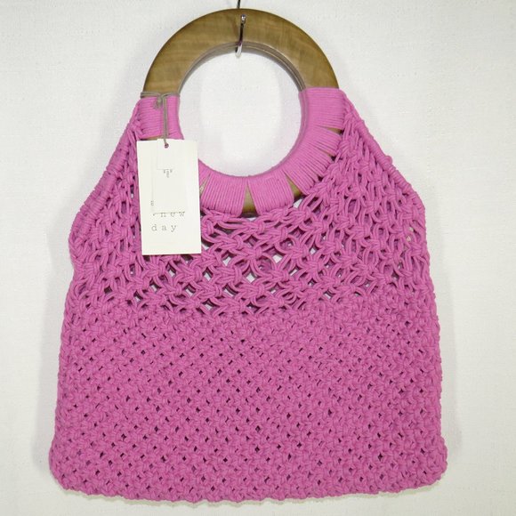 A New Day Bohemiam Macrame Light Magenta Handbag Purse Round Wooden Handles - Picture 1 of 8